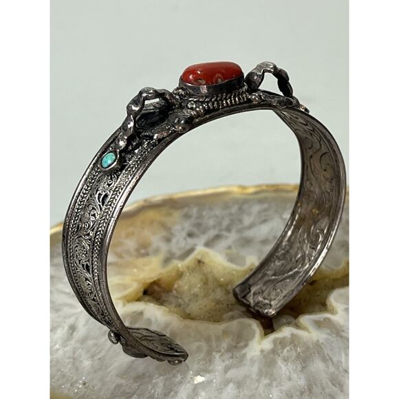 VTG Sterling Silver Turquoise Red Coral Cuff Bracelet- Ornate Design Adjustable - Picture 6 of 15
